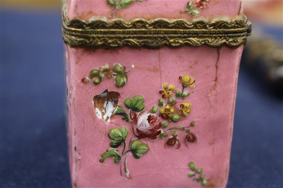 Two tortoiseshell etuis, a tortoiseshell case, a 19th century walnut snuff box and and enamel porcelain etui